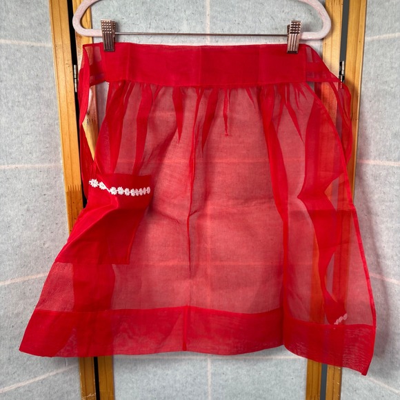 Vintage Other - Vintage Half Apron Red Sheer Organza Floral Lace Trim Pocket 1950s Hostess